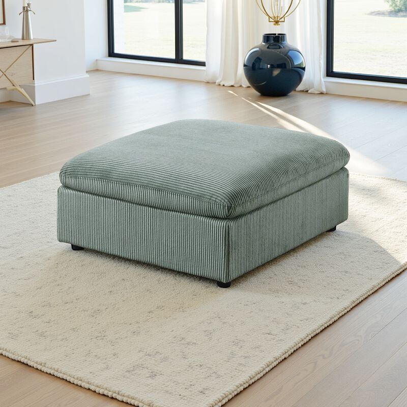 Joana Cocktail Ottoman, Sage Green Corduroy, Modular Square 39 Inch - Benzara