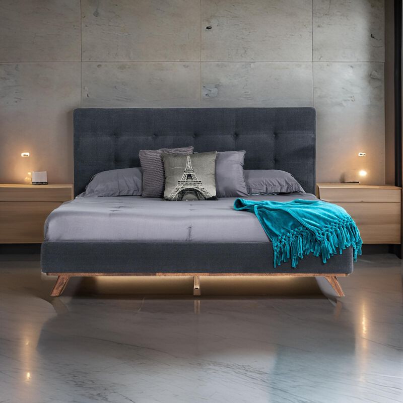 Adia Platform King Bed, Dark Gray Button Tufted Polyester Upholstery - Benzara