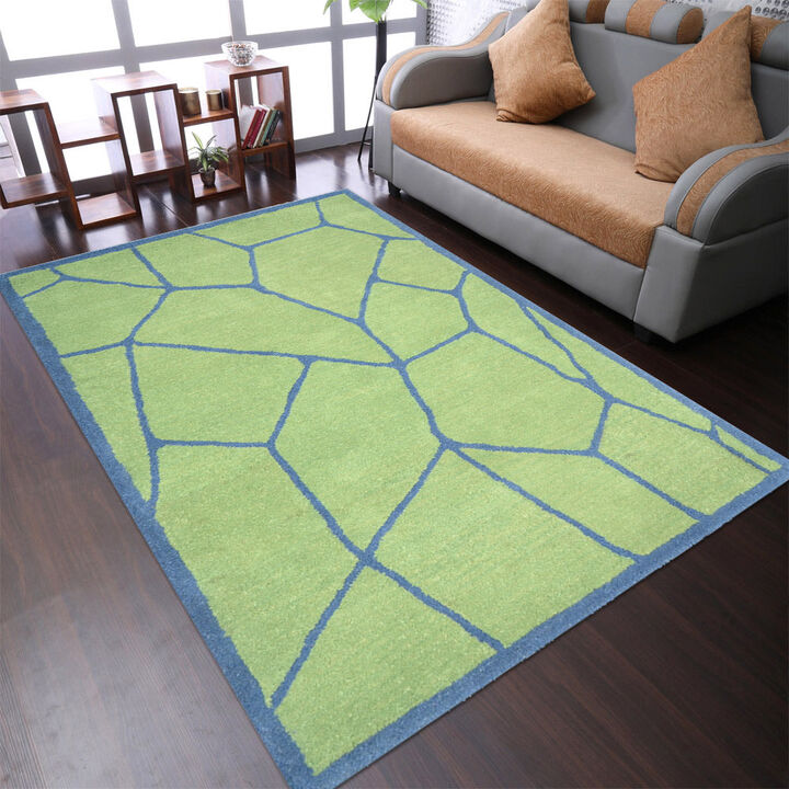 RUGSOTIC CARPETS HAND TUFTED WOOL ECO-FRIENDLY AREA RUGS  - Rectangle Shape, Green & Blue, Contemporary Modern Design, High Pile Handmade Area Rugs for Living Room, Bed Room (K00692)