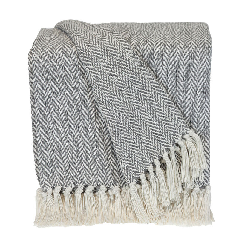 HomeRoots Handloomed Light Gray Cotton Throw Blanket with Tassels image number 0