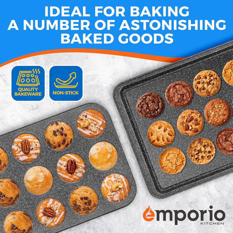 Stackable Baking Pan Set - Nonstick Gray Marble Coating, Carbon Steel Bakeware Sets, PFOA, PFOS, PTFE Free, Recipe Booklet Included, Oven Safe Tray (Up To 450° F), Set of 10 - Gray