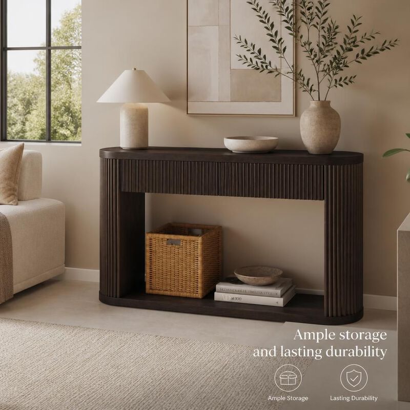 GOODSILO Oval Fluted Console Table with 2 Drawers & Bottom Shelf, Wood Entryway Table with Metal Slides for Living Room Entryway image number 4