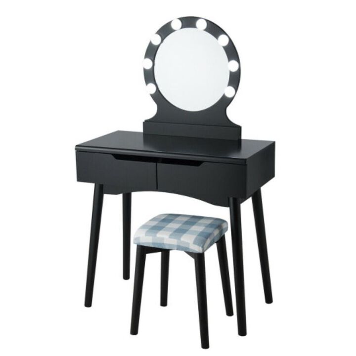 Dressing Table with Large Round Mirror and 8 Light Bulbs for Bedroom