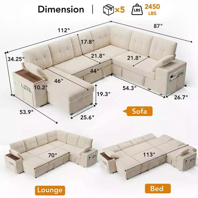 Vipbear 112" U-Shaped 7-Seat Modular Chenille Sectional Sleeper Sofa, Pull Out Bed Reclining Couch image number 1