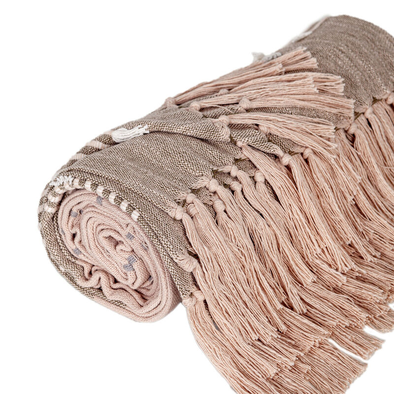 HomeRoots 50" X 60" Brown and Tan Woven Cotton Striped Throw Blanket with Fringe and Embroidery image number 3