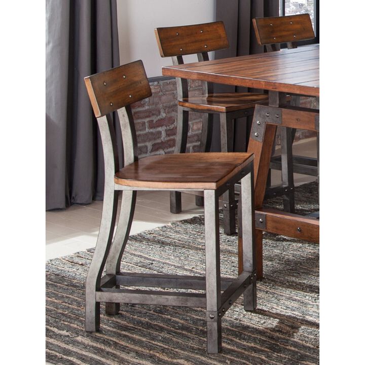 Rustic Brown and Gunmetal Finish Wooden Counter Height Chairs 2pc Set Industrial Design Dining Furniture