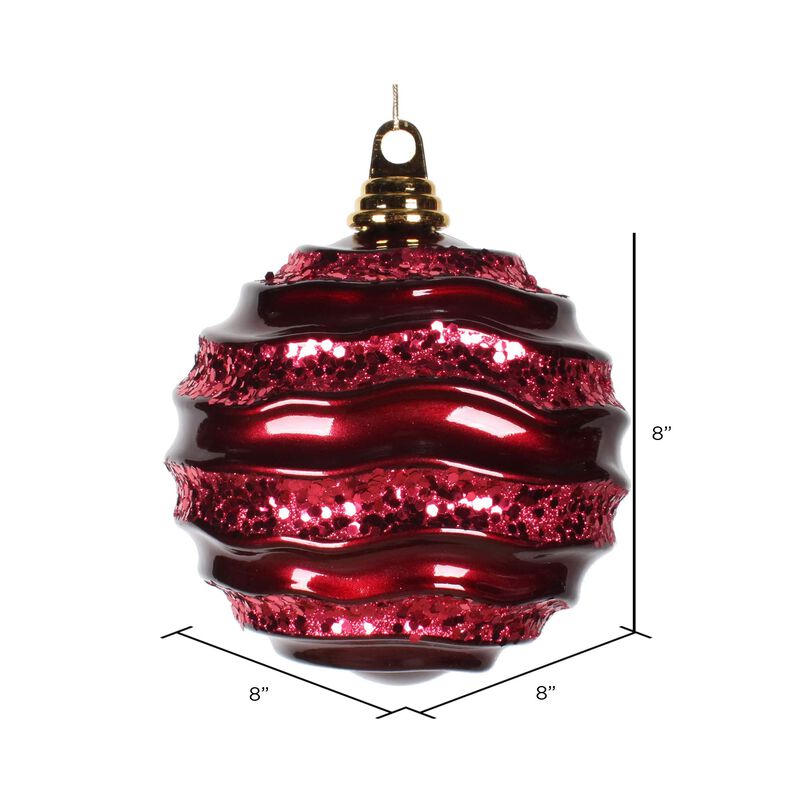 Vickerman 8" Christmas Ornament Wave Ball, Burgundy Stripe Candy Finish with Glitter Accents, Shatterproof Plastic, Holiday Christmas Tree Decoration image number 1