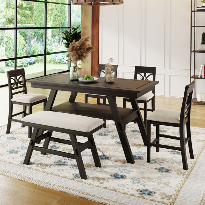 6-Piece Wood Counter Height Dining Table Set with Storage Shelf