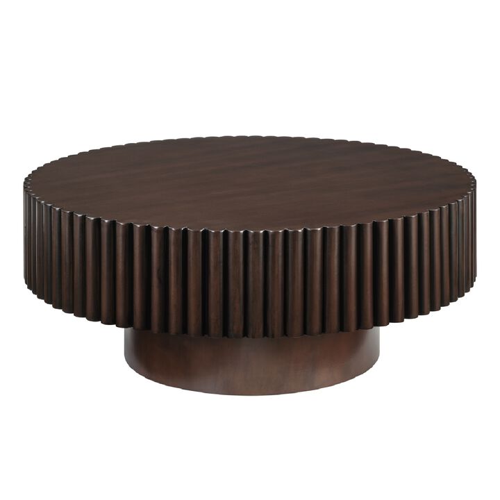 31.5'' Round Wood Coffee Table, Modern Fluted Drum Tea Table, Retro Circle Center Table