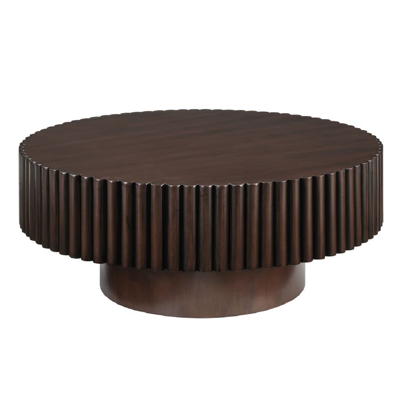 31.5'' Round Wood Coffee Table, Modern Fluted Drum Tea Table, Retro Circle Center Table image number 0
