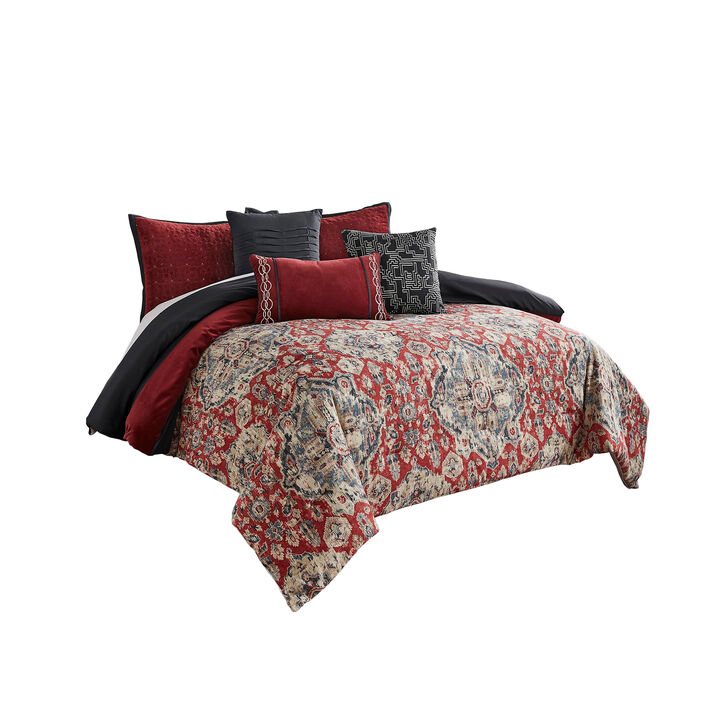 10 Piece King Size Comforter Set with Medallion Print, Red and Blue-Benzara