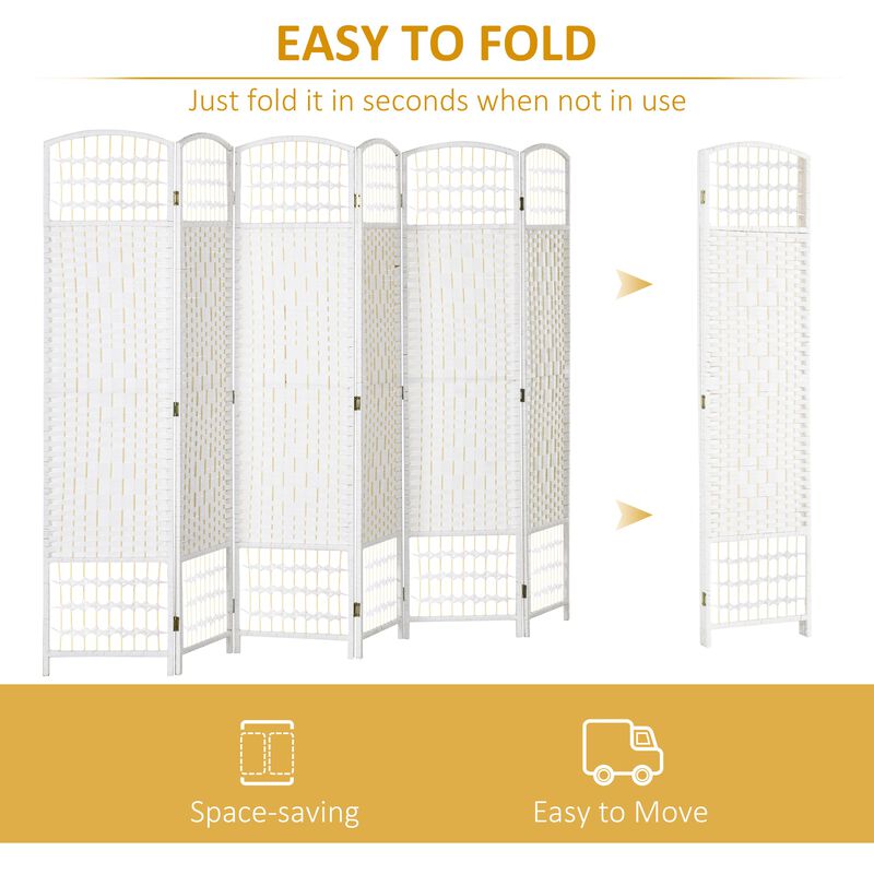 6 Panel Folding Room Divider Portable Privacy Screen Wave Fiber Room Partition for Home Office White