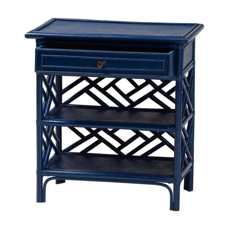 bali & pari Tiaret Natural Rattan Nightstand with Drawer and Shelves – Chippendale-Style Bedside Table for Bedroom or Coastal Living Spaces, Blue