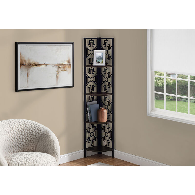 Monarch Specialties I 3622 Bookshelf, Bookcase, Etagere, Corner, 4 Tier, 62"H, Office, Bedroom, Metal, Laminate, Brown, Black, Transitional