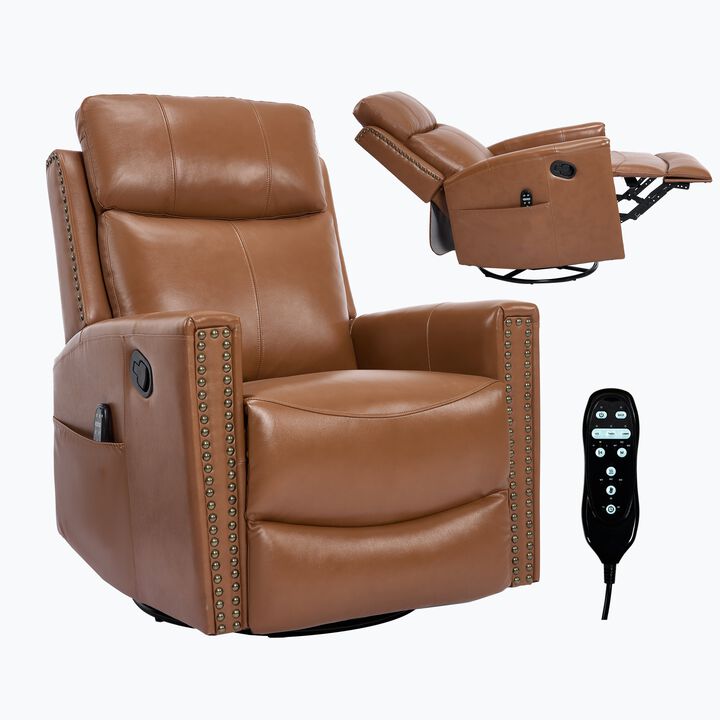 Genuine Leather Heat Massage Manual Recliner Chair with Rocker and Swivel for Living Room
