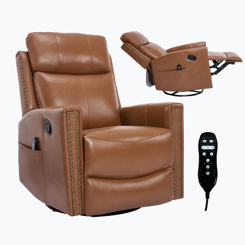Genuine Leather Heat Massage Manual Recliner Chair with Rocker and Swivel for Living Room image number 0