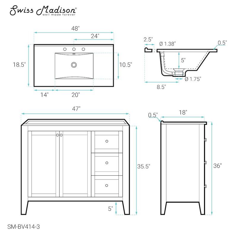 Cannes 48 in. White Bathroom Vanity with 3-Hole Ceramic Sink Top image number 4