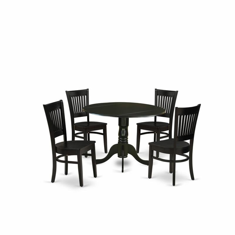 East West Furniture - DLVA5-BLK-W - 5-Piece Dinette Set- 4 Dining Room Chair with Wooden Seat and Slatted Chair Back - Drop Leaves Modern Dining Room Table - Black Finish