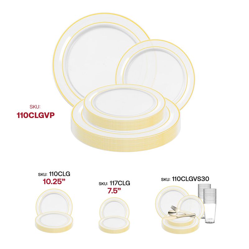 Clear with Gold Edge Rim Plastic Dinnerware Value Set (120 Sets) image number 6