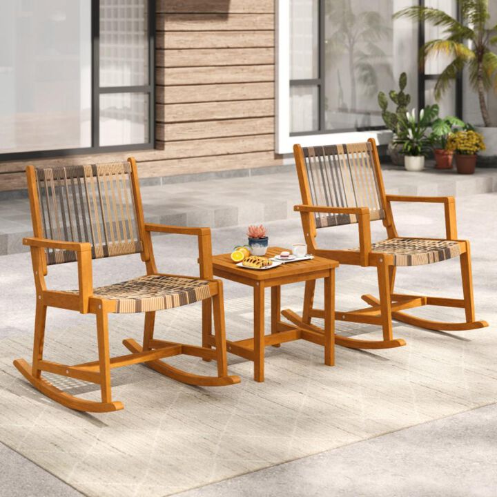Hivvago 3 Piece Patio Rocking Set Acacia Wood Rocker Bistro Set with Rattan Seat and Back