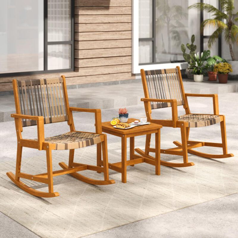 Hivvago 3 Piece Patio Rocking Set Acacia Wood Rocker Bistro Set with Rattan Seat and Back