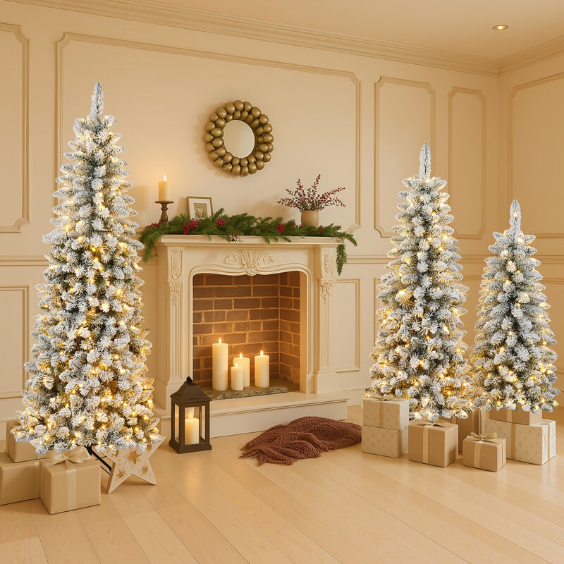 Whisen 3 Pcs Flocked Artificial Christmas Tree Set with Lights, 4ft 5ft 6ft Christmas Snow Tree Set image number 2