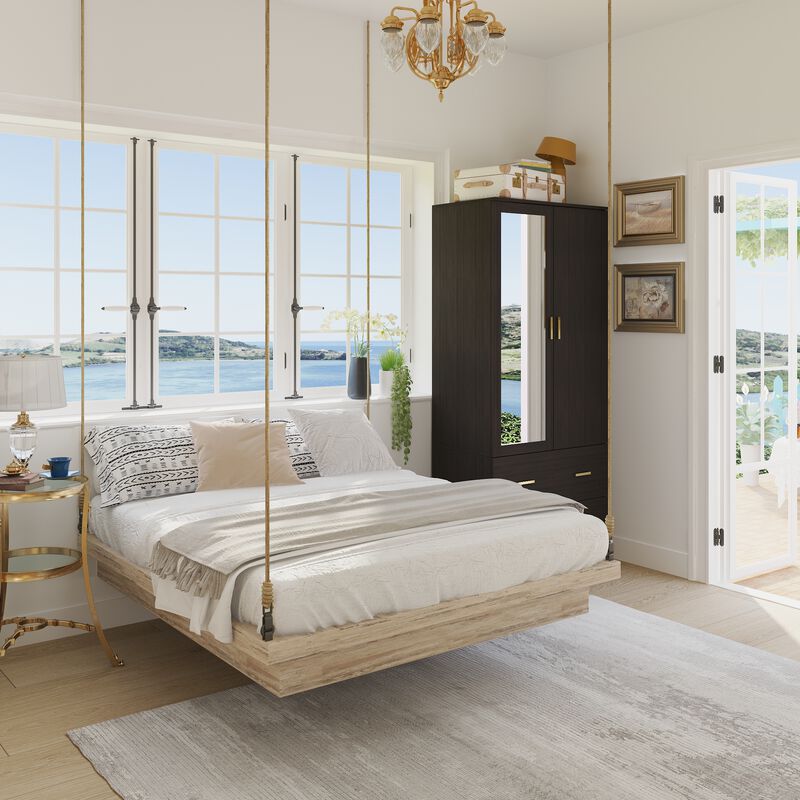 Armoire Wardrobe with Mirror & 2 Drawers, 2-Door Wardrobe with Shelves & Hanging Rod, Gold Metal Handles, for Cloakroom (31.5&rdquo;W x 18.9&rdquo;D x 72&rdquo;H)