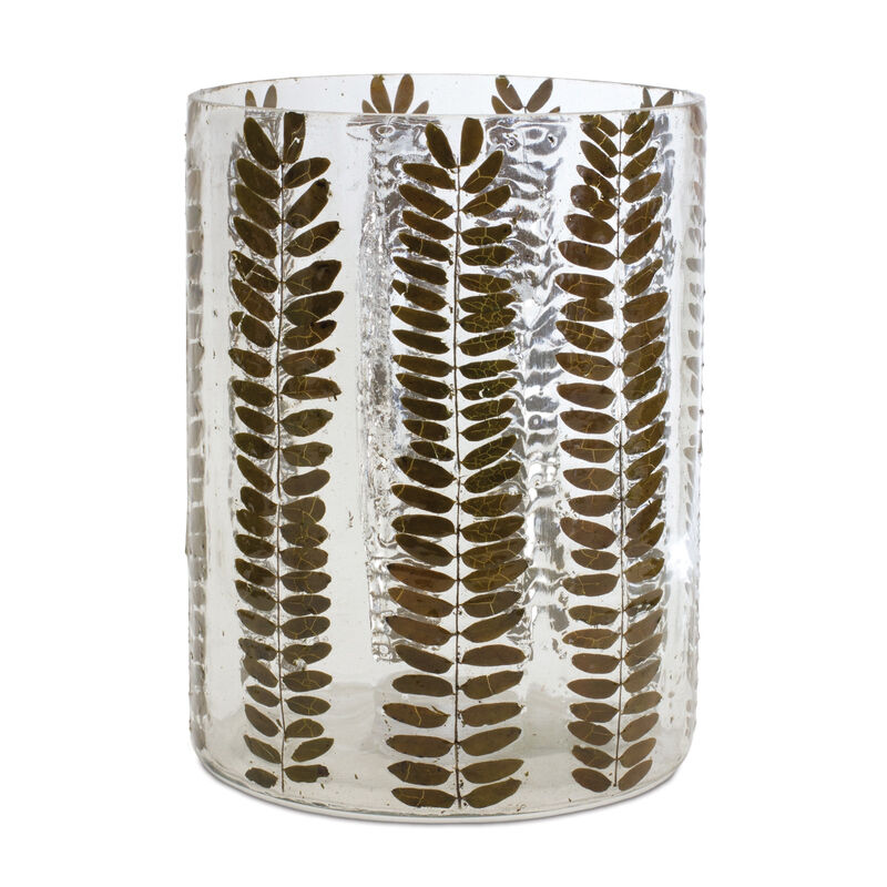 HomeRoots 8" Clear And Green Botanical Leaf Glass Tabletop Pillar Candle Holder