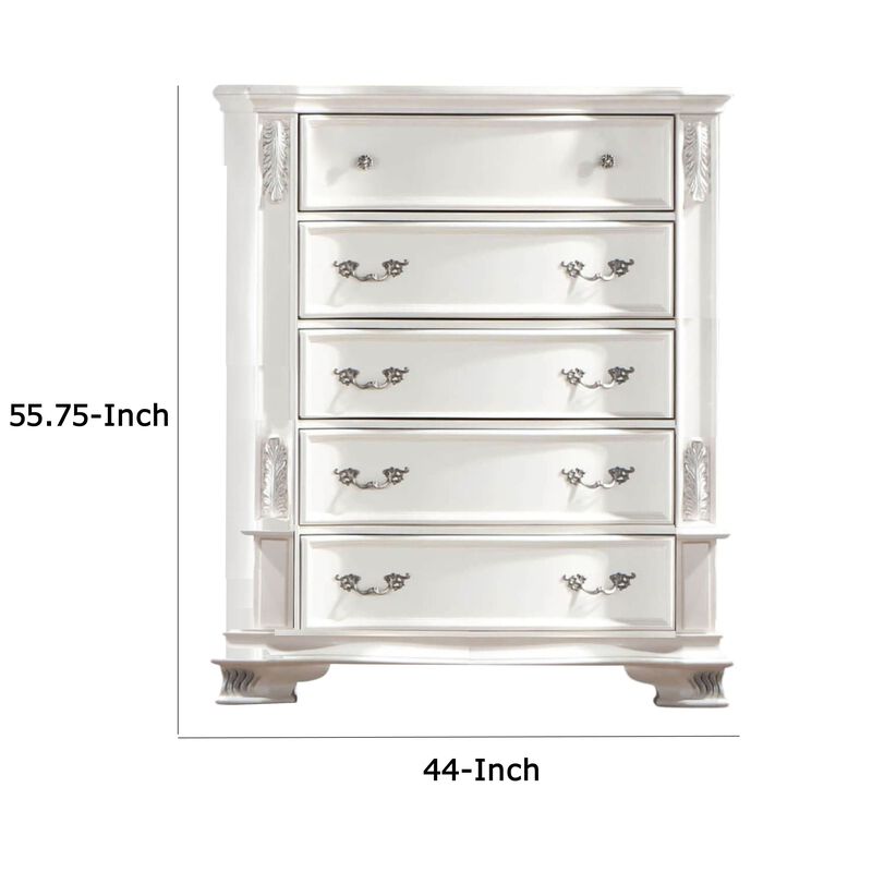 Prio Tall Dresser Chest, 5 Drawers, Classic Wood Carvings, Pearl White