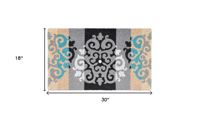 HomeRoots 18" X 30" Beige and White Coir Damask Outdoor Door Mat image number 2