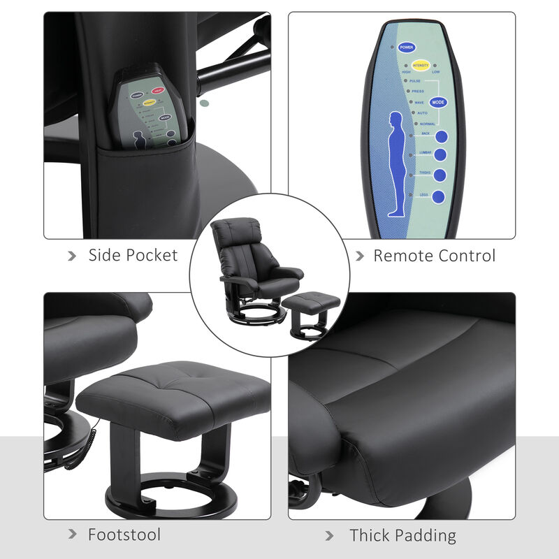 HOMCOM Massage Recliner Chair with Ottoman, 360° Swivel Recliner and Footstool, PU Leather Reclining Chair with Side Pocket and Remote Control, Black