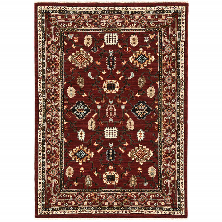 2 X 3 Red Black Ivory And Brown Oriental Power Loom Stain Resistant Area Rug With Fringe