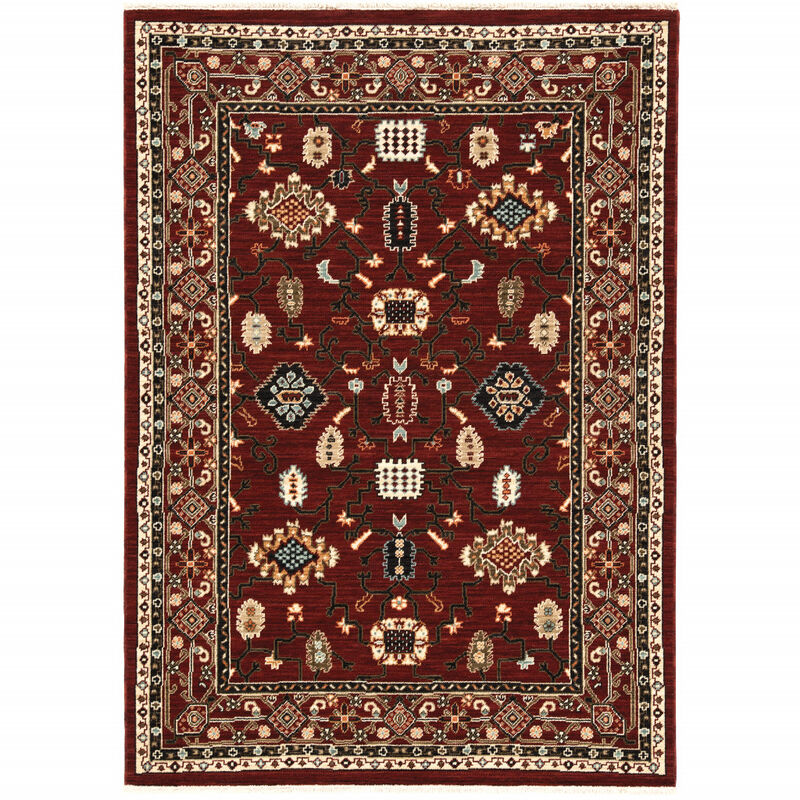2 X 3 Red Black Ivory And Brown Oriental Power Loom Stain Resistant Area Rug With Fringe