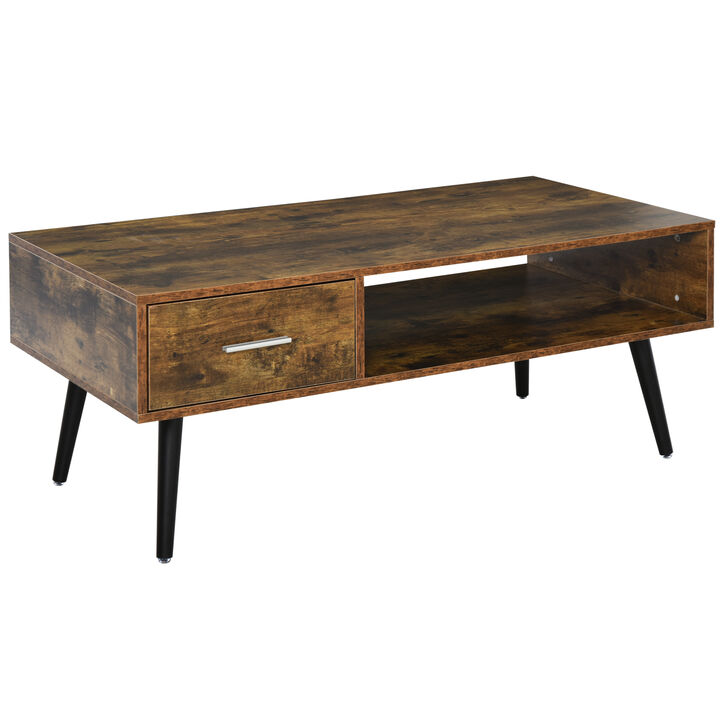 HOMCOM 43" Mid-Century Modern Coffee Table with Drawer and Shelf, Cocktail Center Table for Living Room, Rustic Brown