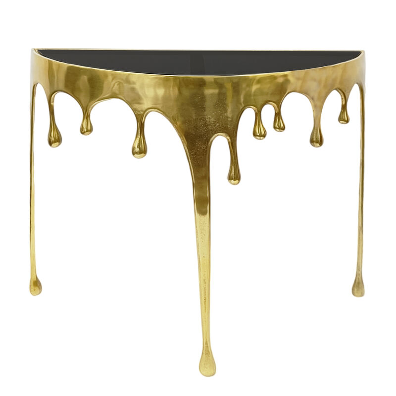 Capri Sofa Console Table | 36.25" Half Moon Glass Top | Melting Drip Design | Aluminum Cast | Antique Gold