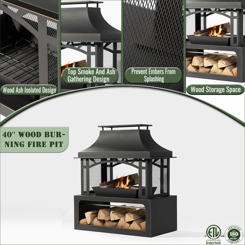 40" Wood Burning Fireplace, 50000 BTU Steel Fire Pit, Wood Burning Chimney for Outside Patio Deck Garden Backyard