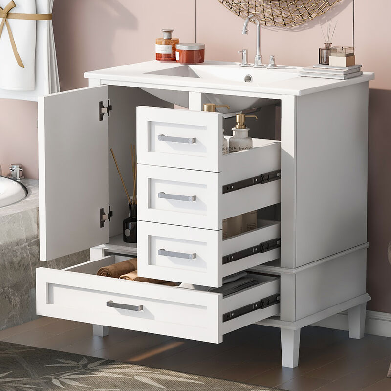 Whisen 30 in. Bathroom Storage Cabinet Bathroom Vanity with Ceramic Sink, Soft Close Door and 3 Drawers