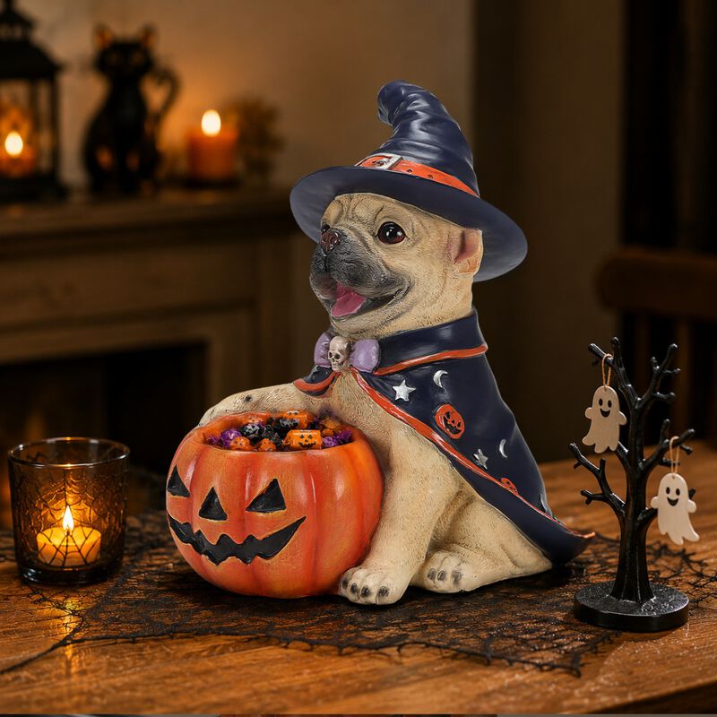 Worip Halloween Resin Dog Witch Figurine with Pumpkin Candy Bowl image number 4