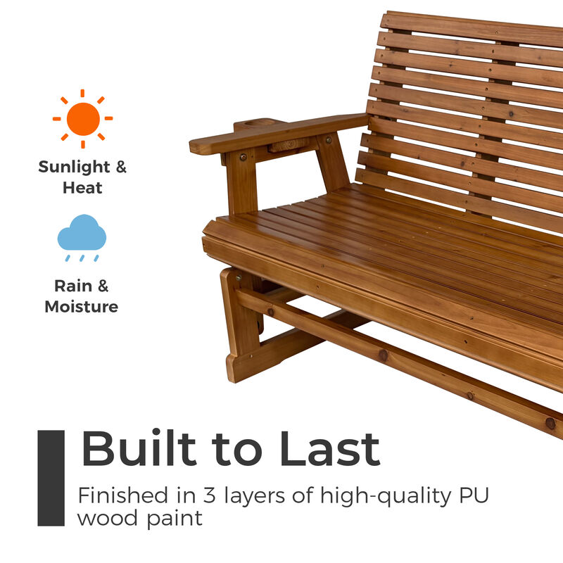 Wooden Patio Glider Bench with Cup Holders, High Roll Back and Deep Contoured Seat, Heavy Duty 800 Lb for Outdoor Porch Garden (3-Person) image number 3