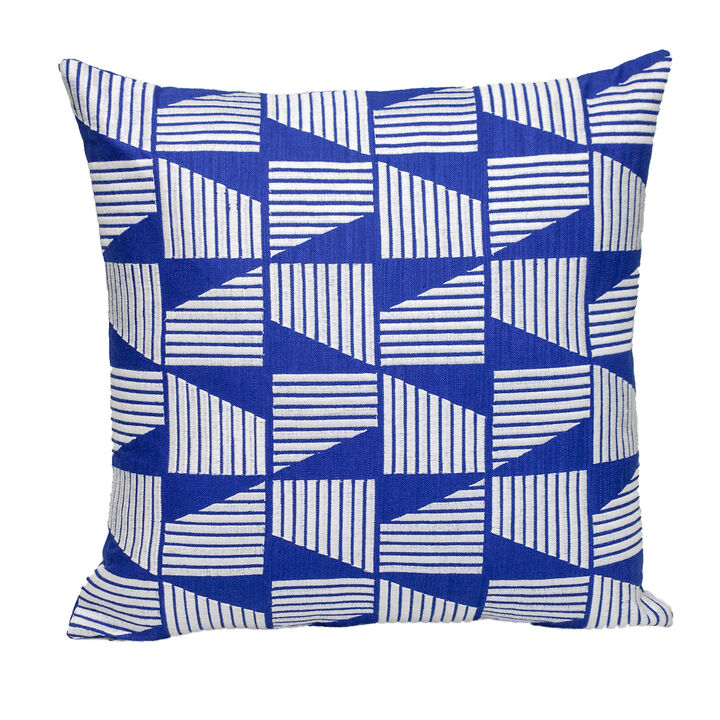 HomeRoots 18" Blue and White Geometric Cotton Throw Pillow With Embroidery