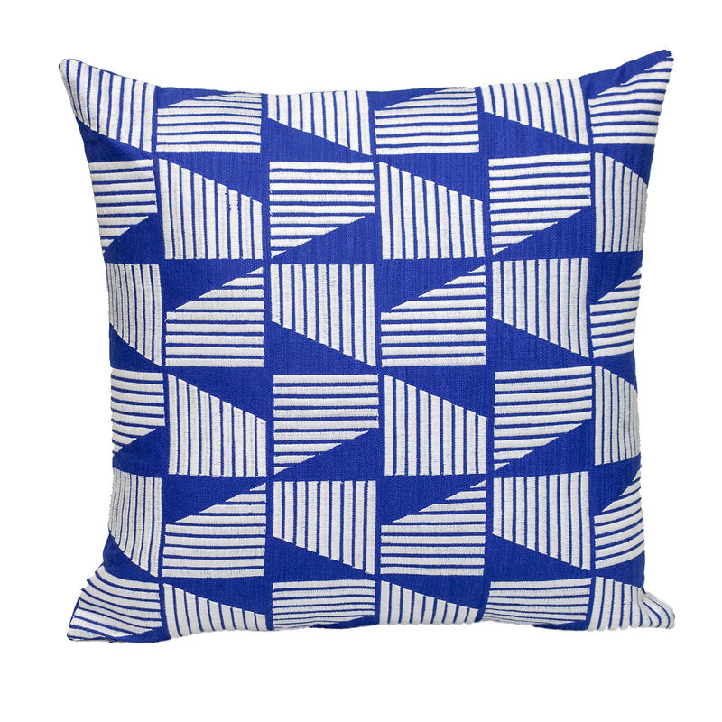 HomeRoots 18" Blue and White Geometric Cotton Throw Pillow With Embroidery image number 0