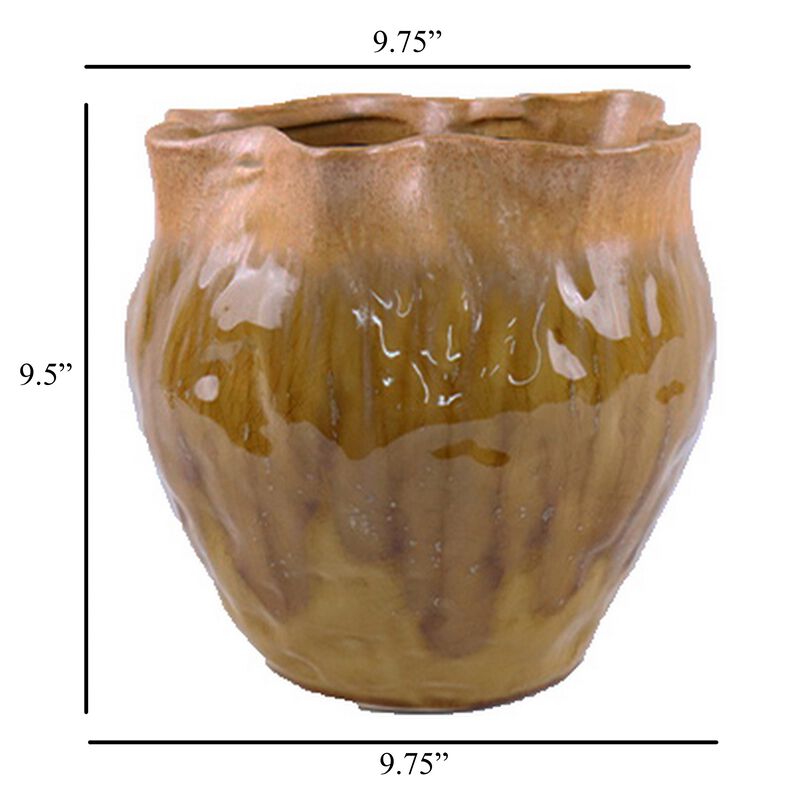 Balie Accent Vase, Brown Ceramic, Irregular Top Edge, Modern 10 Inch - Benzara