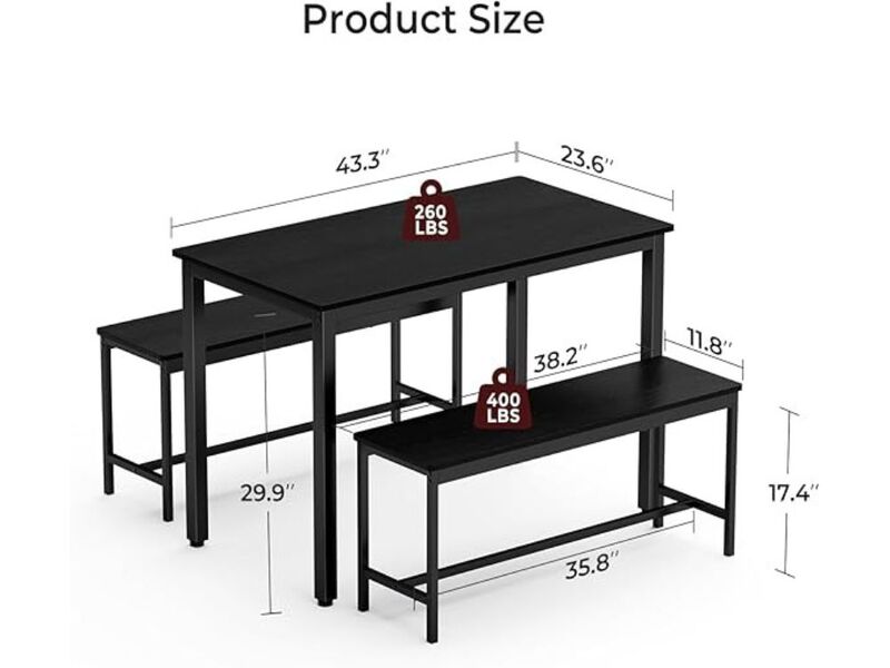 Dining Set &ndash; 3‑Piece Black Kitchen Table with 2 Benches, Space‑Saving Design for 4‑6 image number 2