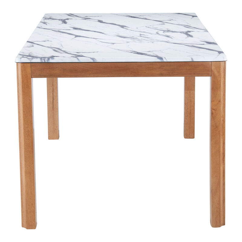 HomeRoots 63" White and Natural Faux Marble and Solid Wood Dining Table image number 0