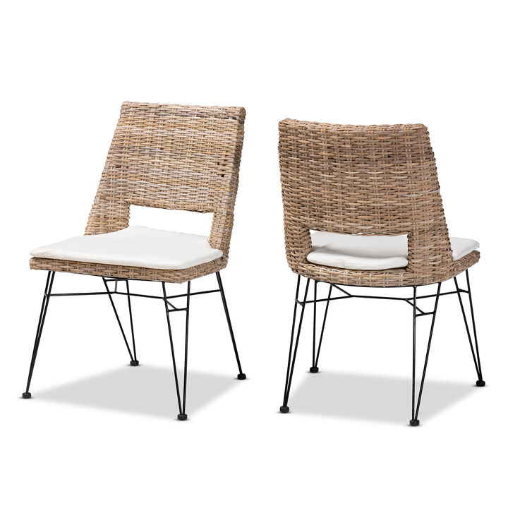 Baxton Studio Nafaro Modern Bohemian Greywashed Natural Rattan Metal Dining Chair with Cushion 2-Piece Set