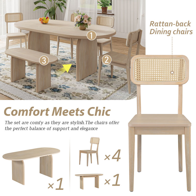 Whisen 6-Piece Oval Dining Set - Rubber Wood Table with 4 Rattan Chairs & Bench, Modern Kitchen Set for 6 - Brown