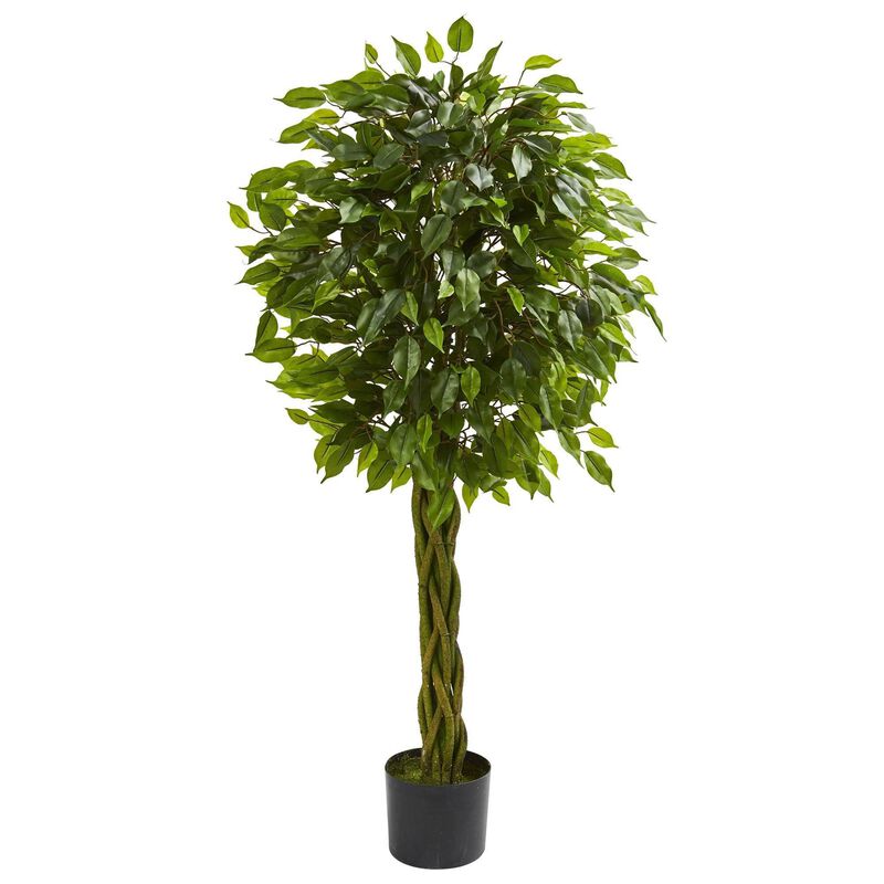 Nearly Natural 4-ft Ficus Tree with Braided Trunk UV Resist (Indoor/Outdoor)