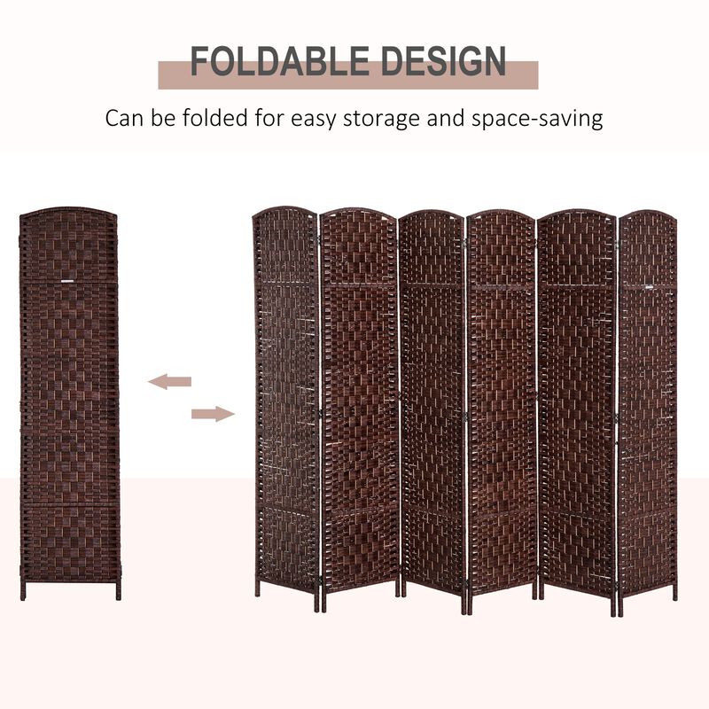 Brown Office Partition: 6-Panel Wicker Folding Privacy Screen