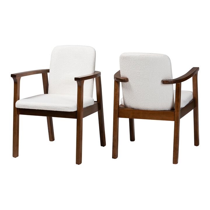 Baxton Studio Miyagi Boucle Upholstered Dining Chair Set of 2- Mid-Century Modern Armchair with Solid Wood Frame and Rounded Backrest, Walnut Brown and White