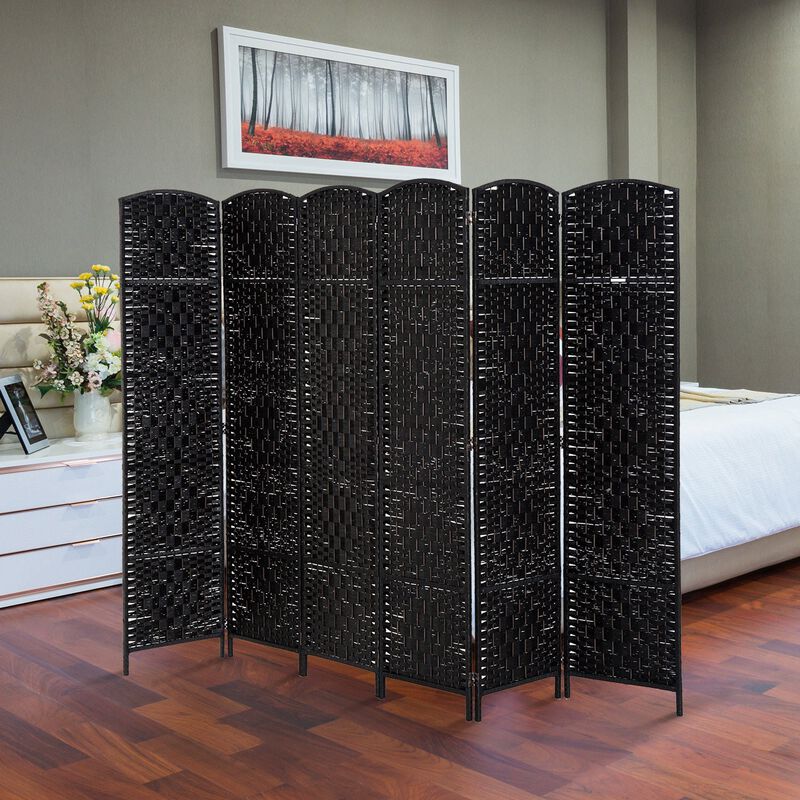 Black Expansive Divider: 6-Panel 6' Tall Extra Wide Wicker Folding Screen